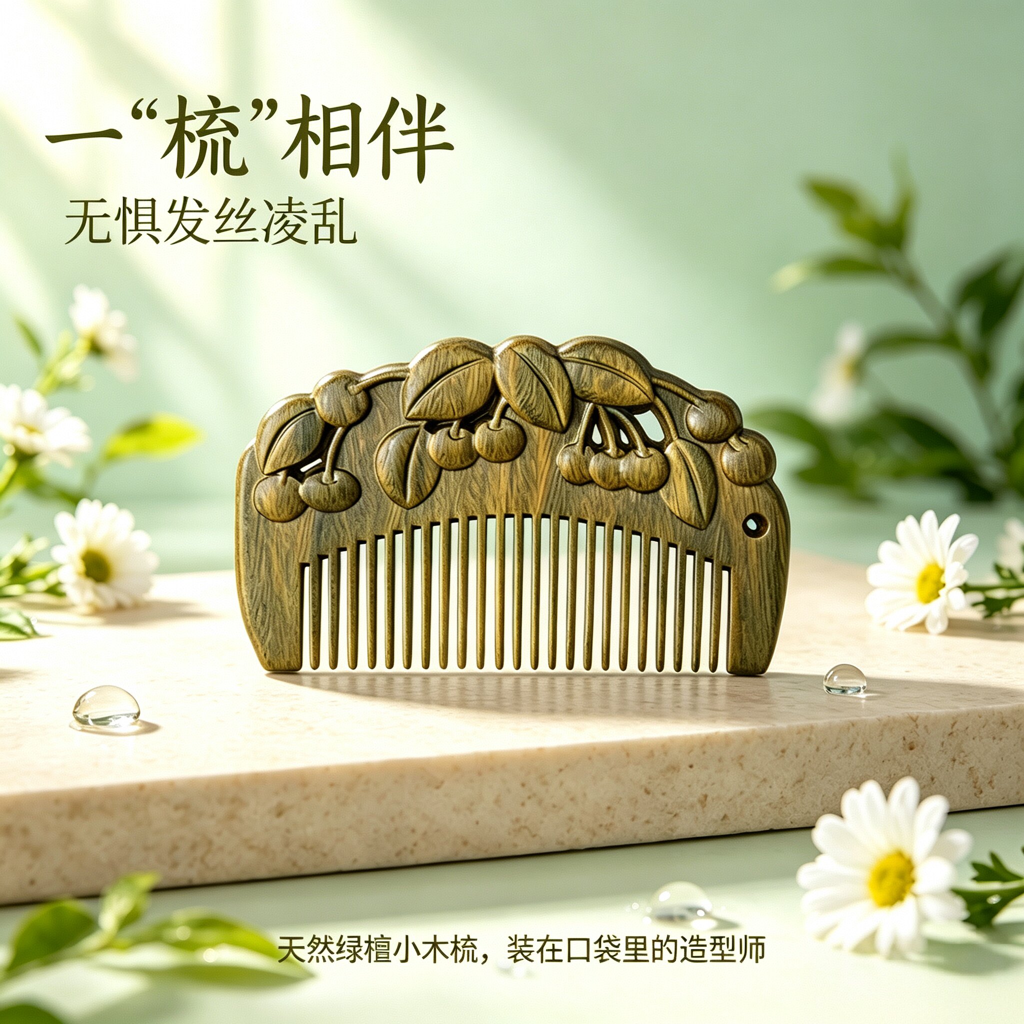 绿檀木古风雕花木梳儿童可爱小梳子便携随身头皮按摩梳礼物定制