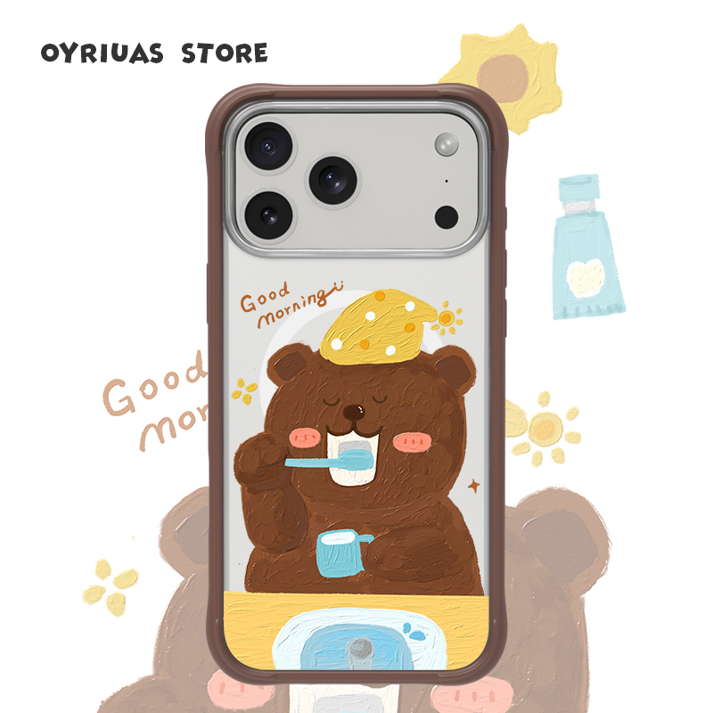 Oyriuas 磨砂磁吸早安熊 适iPhone17/16/15promax液态硅胶可拆卸边框手机壳 不沾指纹耐刮花 可爱ins风