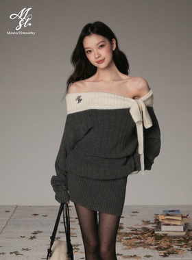 Moster Timnothy原创一字肩蝴蝶结厚款连衣裙氛围感针织长袖毛衣