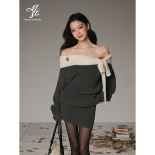 Moster Timnothy原创一字肩蝴蝶结厚款连衣裙氛围感针织长袖毛衣