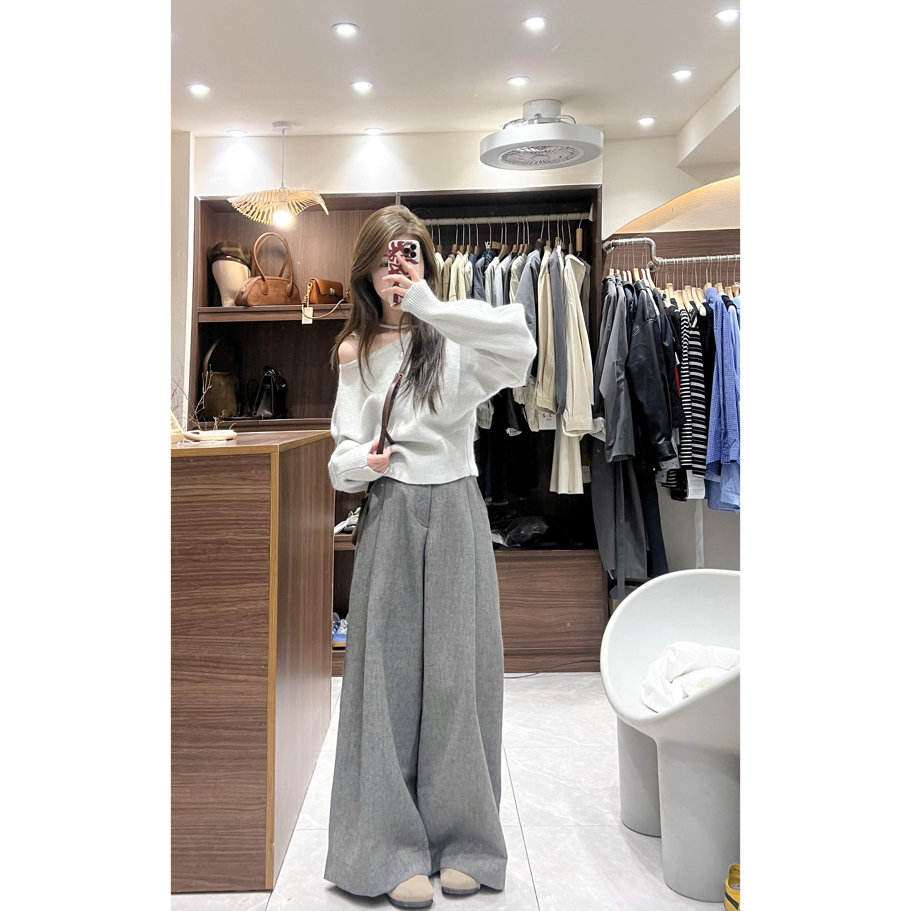 新款浅灰色斜肩毛衣女春秋冬修身显瘦百搭针织衫+阔腿长裤