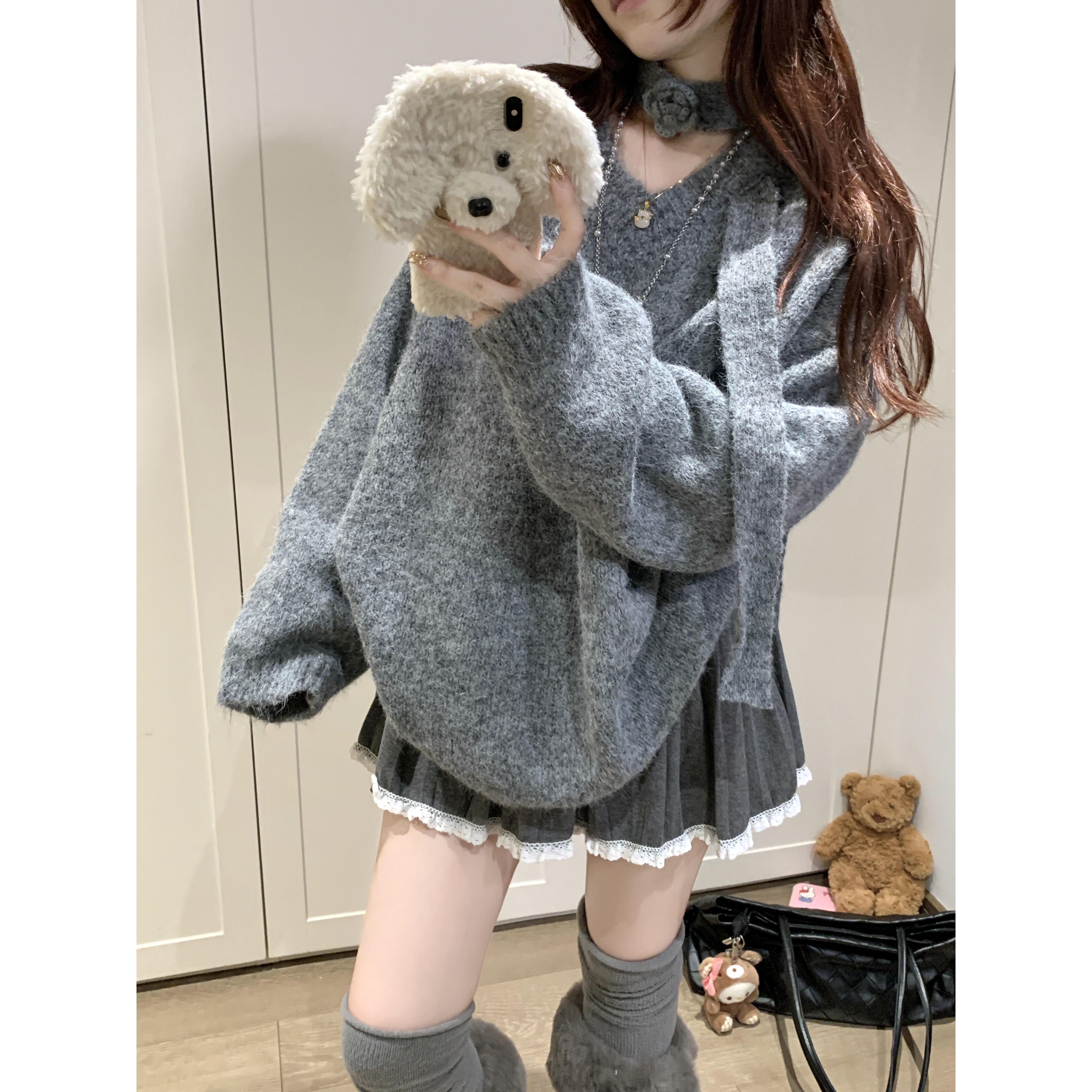 韩系简单基础款立体花朵飘带设计毛衣