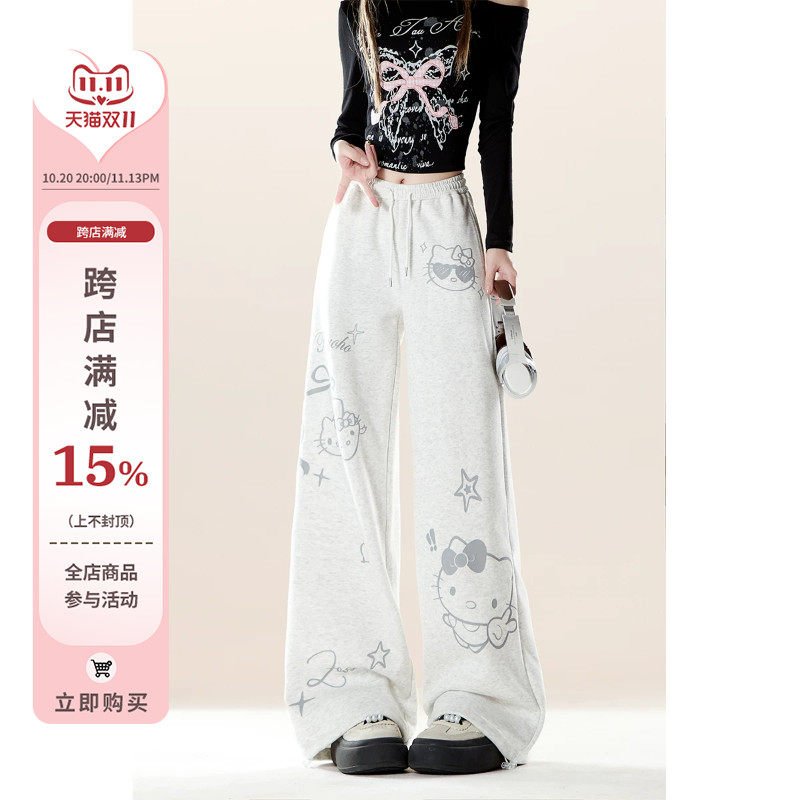 自然涩猫咪印花灰色运动阔腿卫裤女春秋季慵懒松弛宽松休闲长裤子