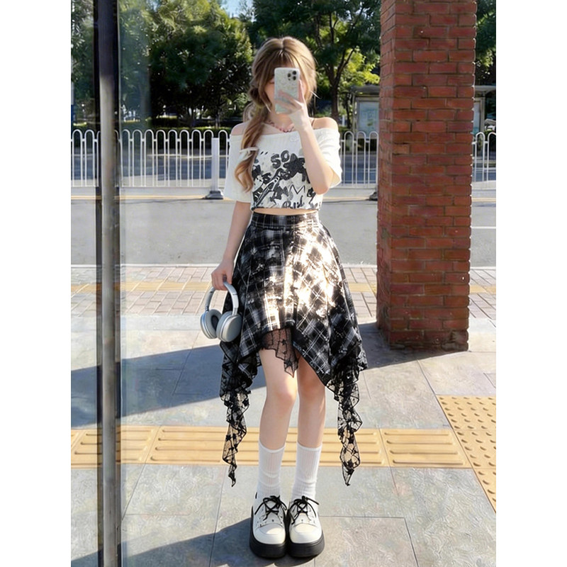 自然涩不规则黑色格子半身裙子女夏音乐节穿搭显瘦亚文化蕾丝短裙