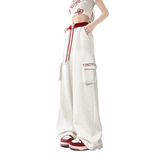 自然涩美式运动卫裤女夏直筒休闲阔腿工装高腰爵士舞裤子春秋款