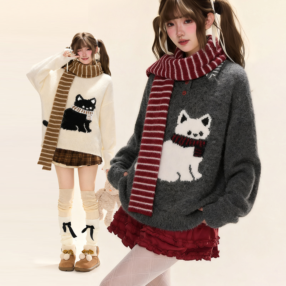 小猫提花围巾POLO领毛衣女秋冬季