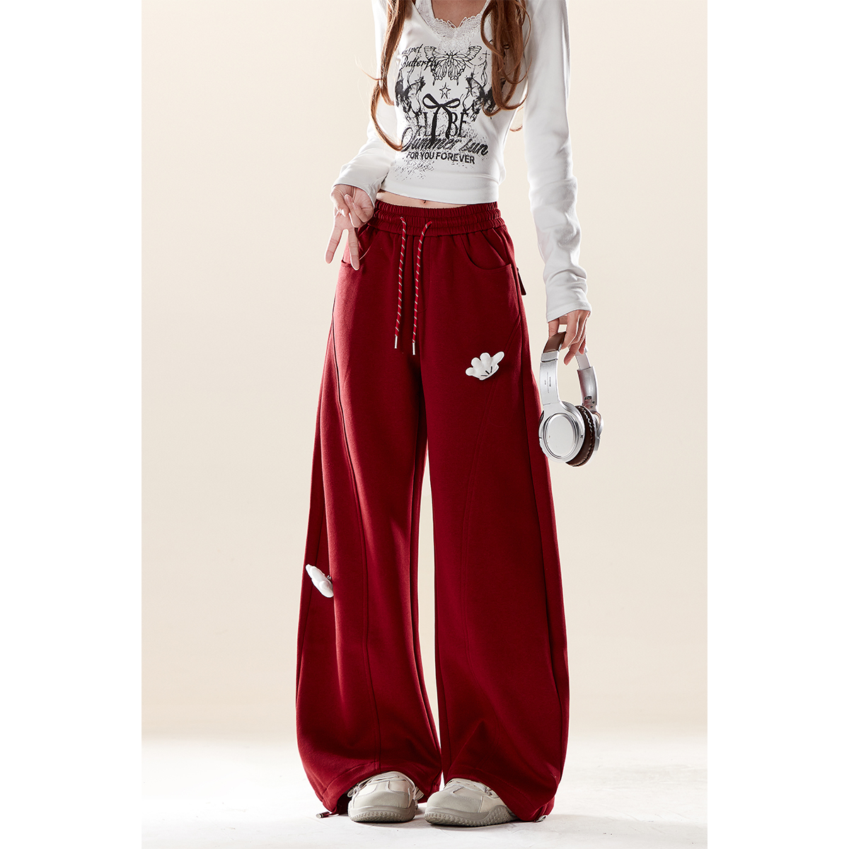 复古红色卫裤女秋冬季新款立体