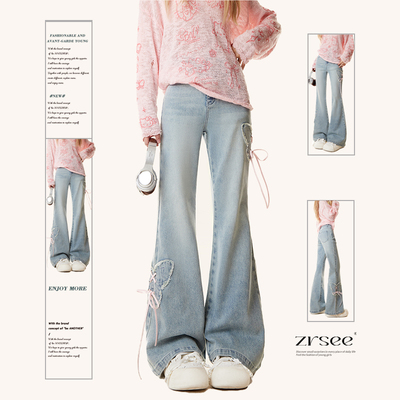 美式复古蝴蝶刺绣微喇牛仔裤子