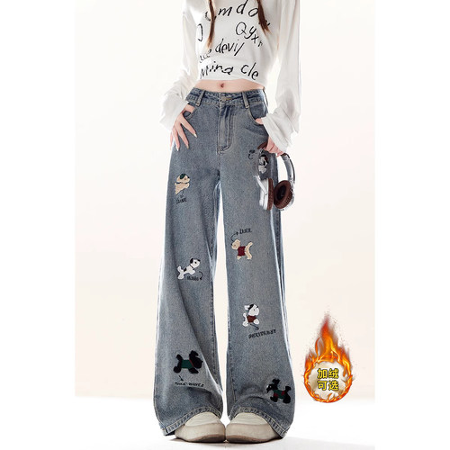 复古小狗刺绣牛仔裤女春秋季新款