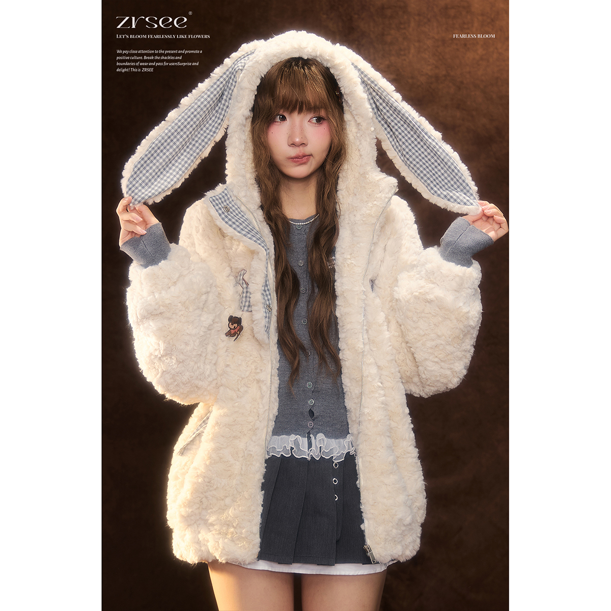 兔耳朵连帽羊羔绒外套女装秋冬