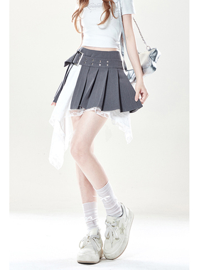 自然涩学院风蕾丝灰色半身裙女夏季新款设计感不规则飘带百褶裙子