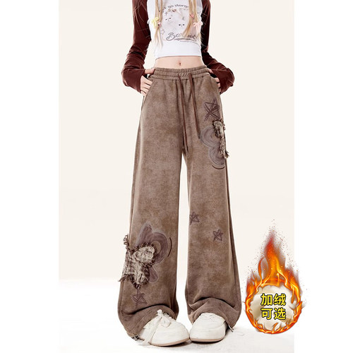 咖色蝴蝶贴布卫裤女秋冬新款
