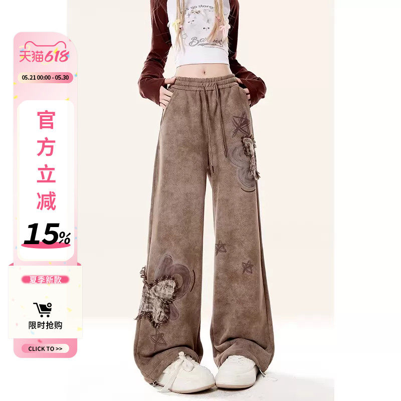 自然涩棕色运动卫裤女2026秋冬新款小个子复古休闲阔腿爵士舞裤子