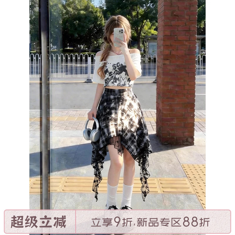 自然涩不规则黑色格子半身短裙女夏季音乐节亚文化穿搭爵士舞裙子 - 实物图