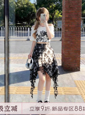 自然涩蕾丝拼接不规则短裙女夏季