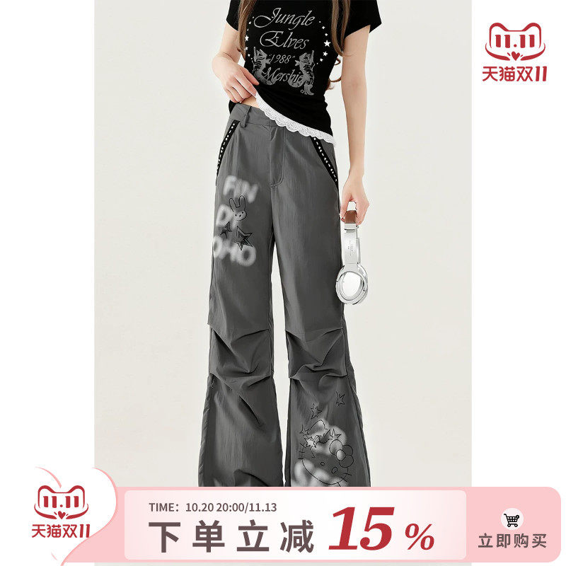 自然涩折痕设计感阔腿休闲裤女士夏季新款灰色修身字母印花裤子秋
