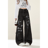 女春秋新款 美式 涂鸦阔腿裤 自然涩黑色凯蒂猫印花直筒牛仔裤 子冬季