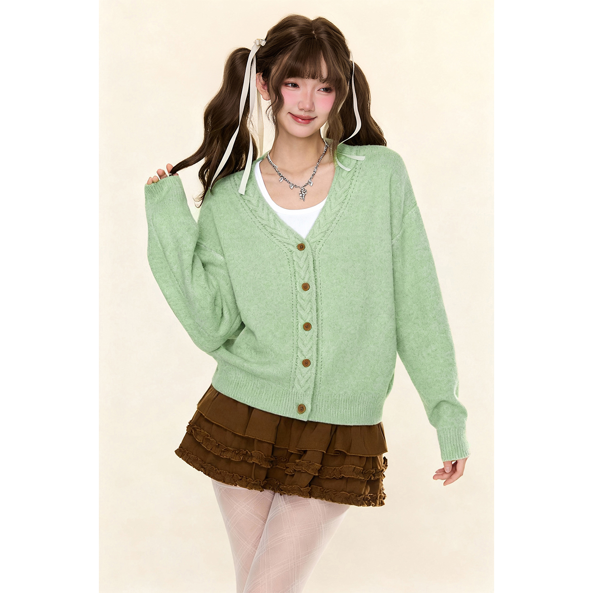 复古绿色V领针织开衫毛衣女秋冬