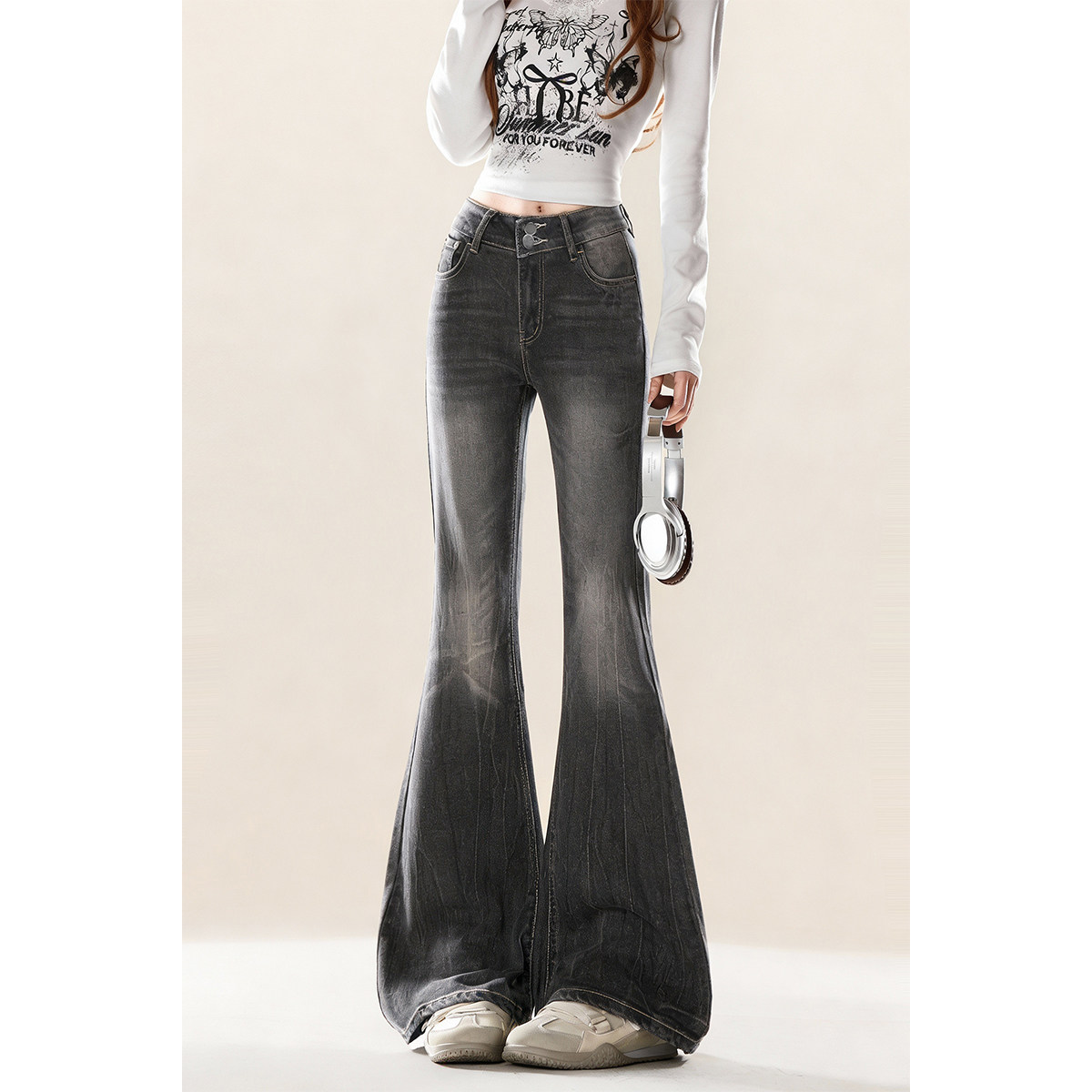 自然涩灰色加长微喇叭裤女春秋季新款美式复古修身显瘦阔腿裤子冬,女装/女士精品,牛仔裤,淘宝优惠券,粉丝福利购,淘宝优惠卷