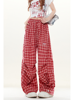 自然涩美式红色休闲裤女春秋薄款多巴胺bf松弛慵懒风宽松裤子夏季