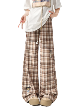 美拉德棕色加绒格子裤女秋冬季厚