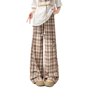 自然涩美拉德棕色加绒格子裤女秋冬季厚款休闲卫裤直筒阔腿长裤子