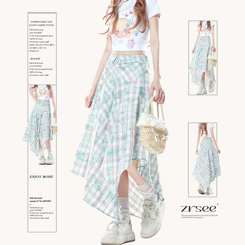 不规则翻腰头设计感格子半身裙女