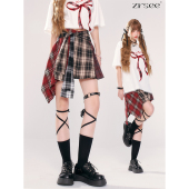 自然涩夏季 演唱会穿搭裙子 不规则拼接红色格子半身短裙女春秋新款