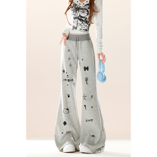 松紧腰休闲喇叭裤 自然涩灰色星星印花卫裤 型超好看 版 子 女秋冬季