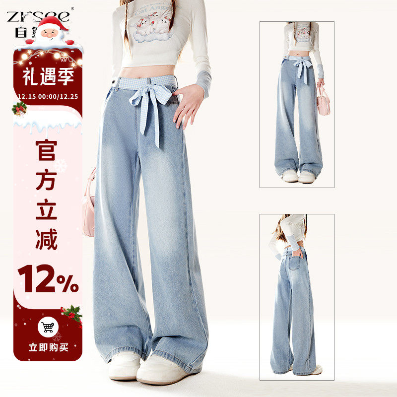 夏季复古蓝色蝴蝶结绑带牛仔裤