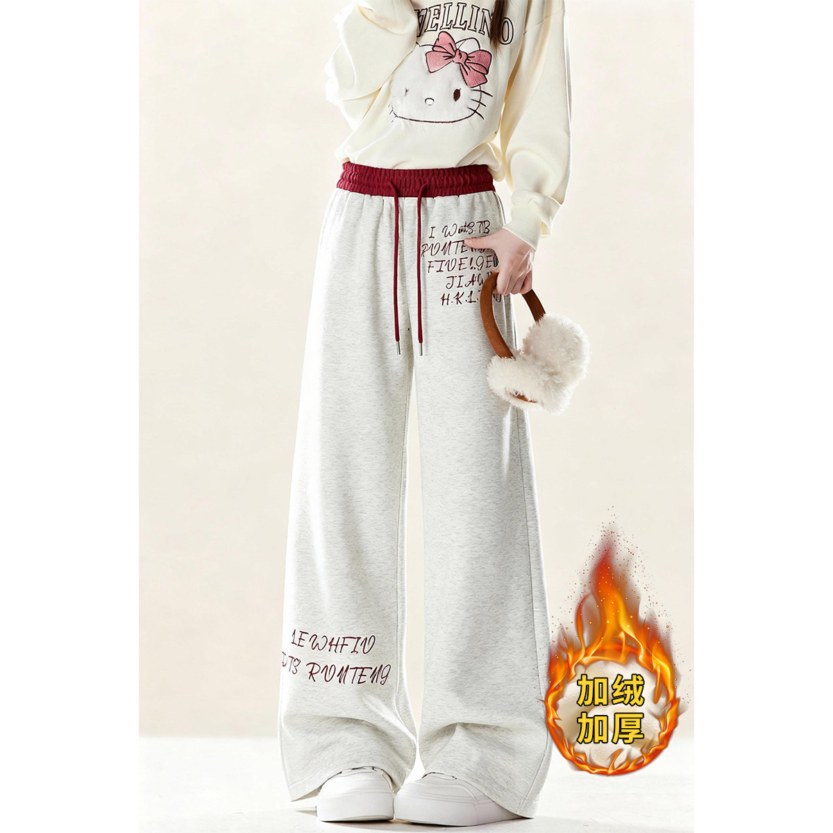 自然涩美式加绒加厚运动卫裤女秋冬季初中生假两件阔腿休闲长裤子,女装/女士精品,卫裤,淘宝优惠券,粉丝福利购,淘宝优惠卷