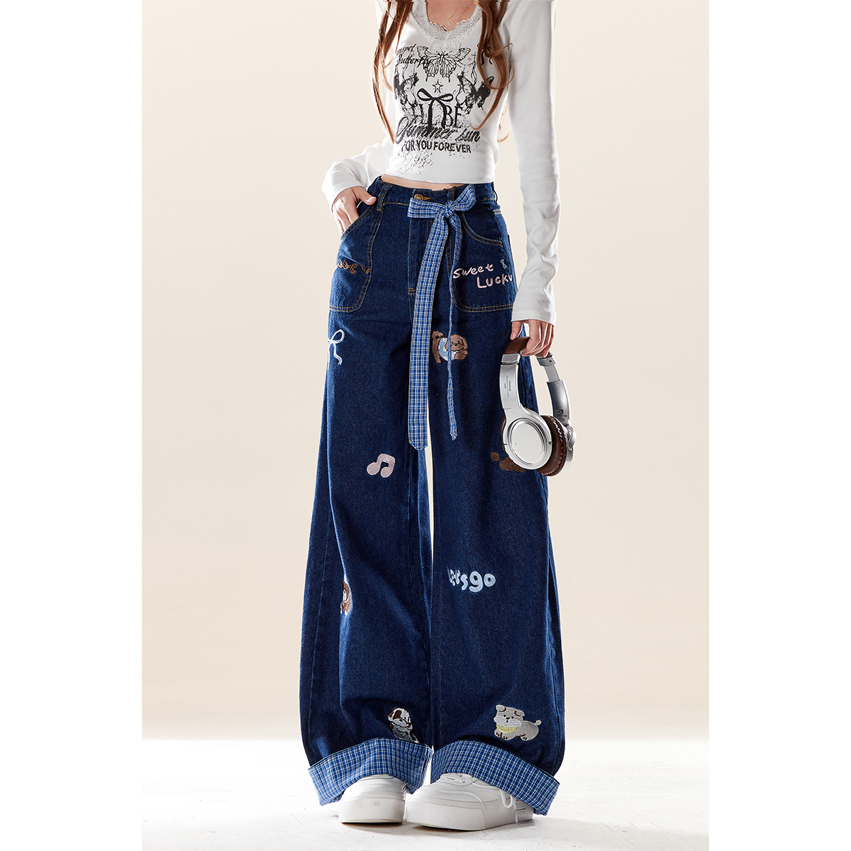 美式复古小狗刺绣牛仔裤女秋冬季