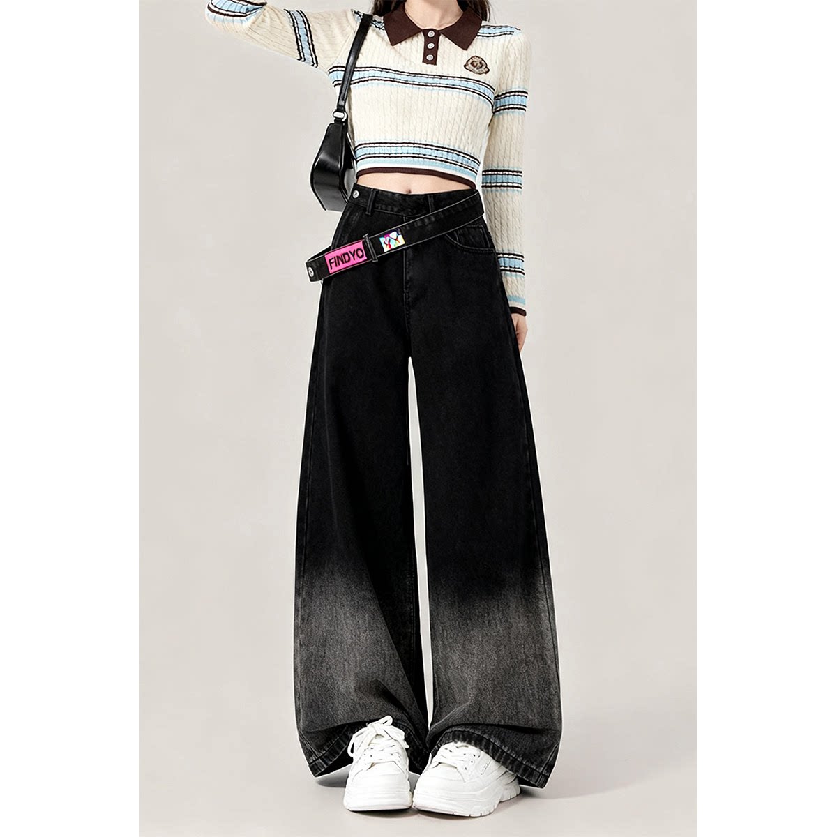 自然涩秋冬新款渐变侧拉链牛仔裤女美式复古黑色高腰显瘦阔腿裤子