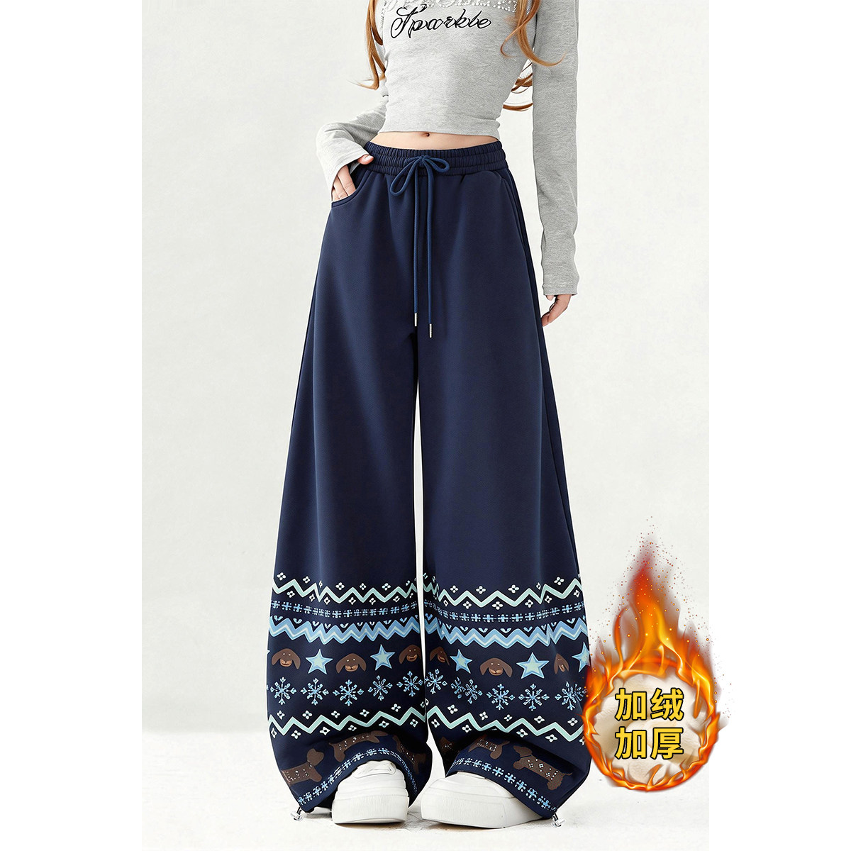 自然涩费尔岛印花加绒弯刀裤女秋冬季新款松紧腰保暖百搭休闲裤子,女装/女士精品,卫裤,淘宝优惠券,粉丝福利购,淘宝优惠卷