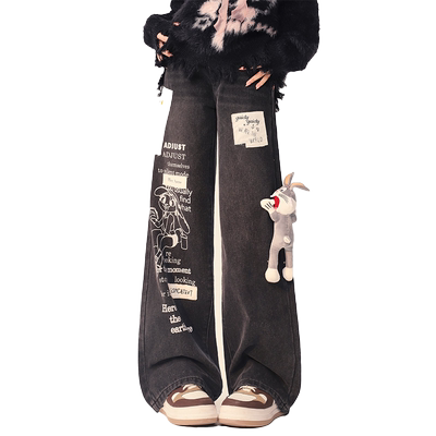 黑色牛仔裤女秋冬新款卡通印花