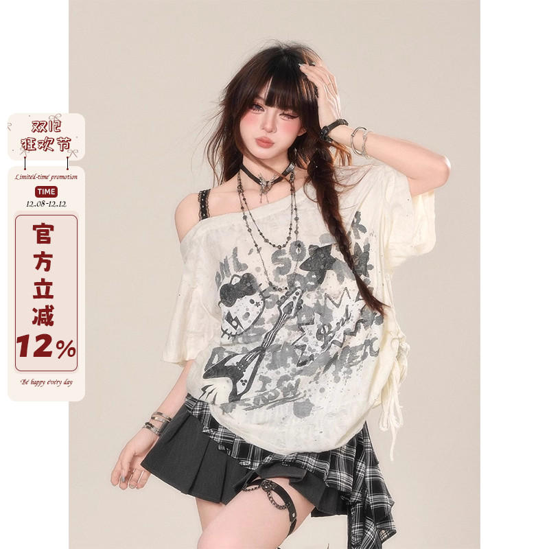 自然涩美式辣妹斜肩短袖T恤女夏