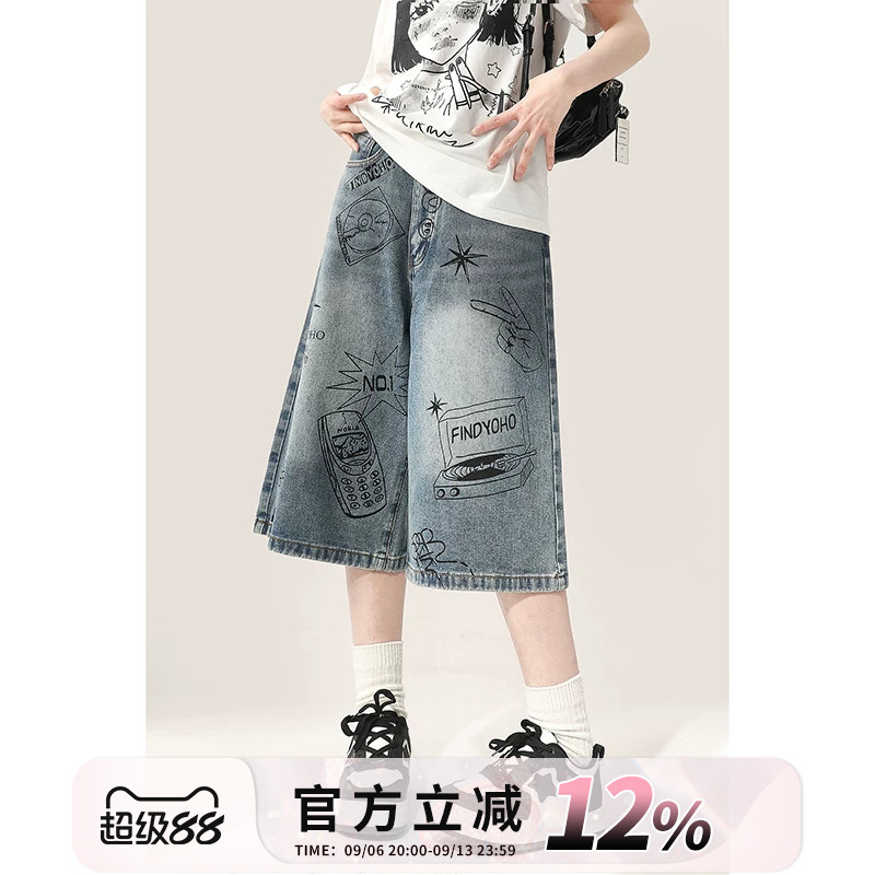 美式复古涂鸦牛仔七分裤女夏季图片