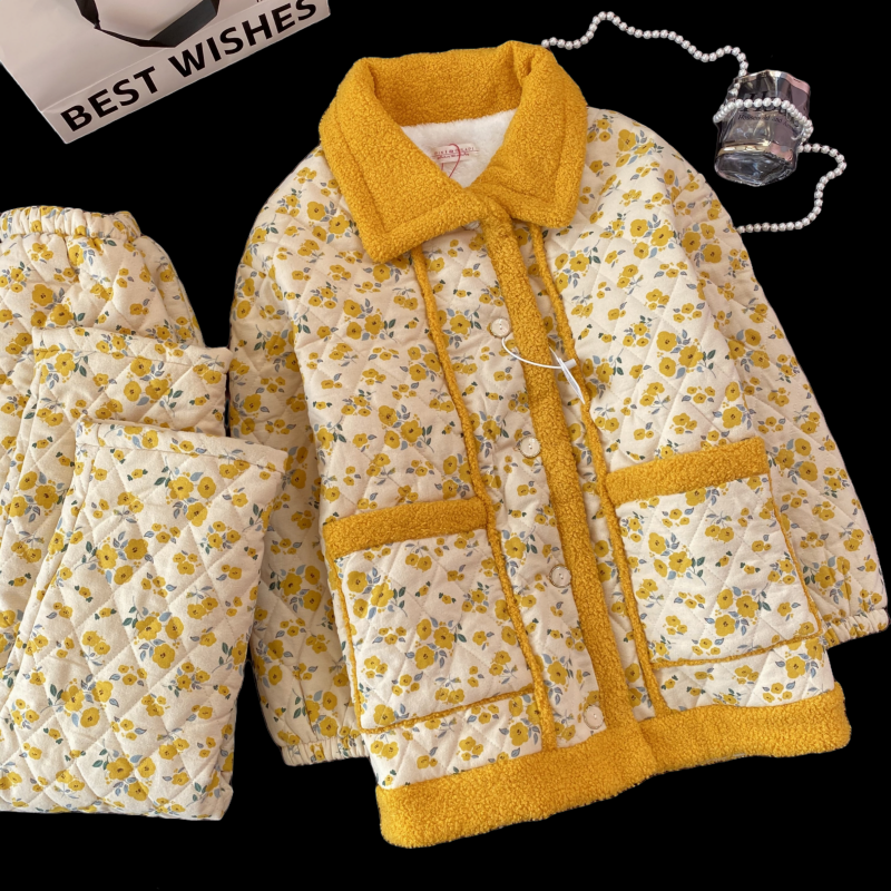 女冬珊瑚绒三层夹棉加厚家居服