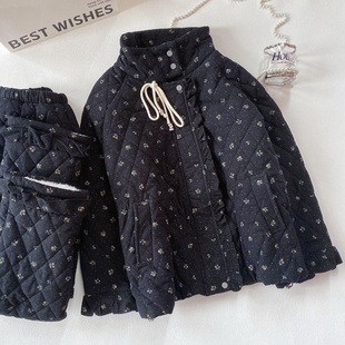 pink grape碎花棉质三层夹棉睡衣女冬加绒加厚保暖家居服套装外穿