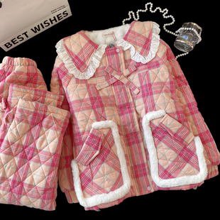 加厚保暖翻领家居服套装 可外穿 grape甜美三层夹棉睡衣女冬季 Pink