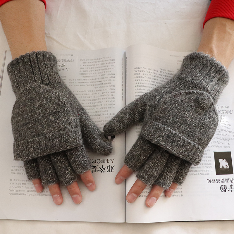 男生针织加绒翻盖露指手套冬天学生打字羊毛毛线加大手套半指保暖