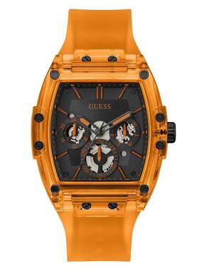 代购GUESS男士腕表计时多针夜光日期硅胶透明橙色方形运动休闲