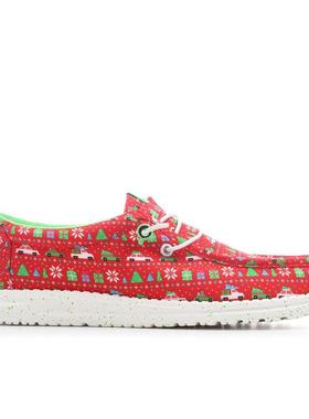 代购Hey Dude男士休闲鞋轻便柔软透气灵活系带印花红色白色鞋底