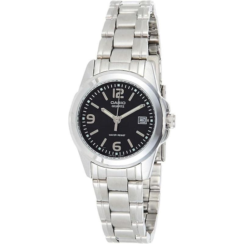 卡西欧女士腕表日期夜光指针石英钢带黑色金属防水商务日常手表