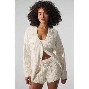 代购ALO YOGA女士开衫保暖易穿脱百搭舒适贴身米白色粗针编织