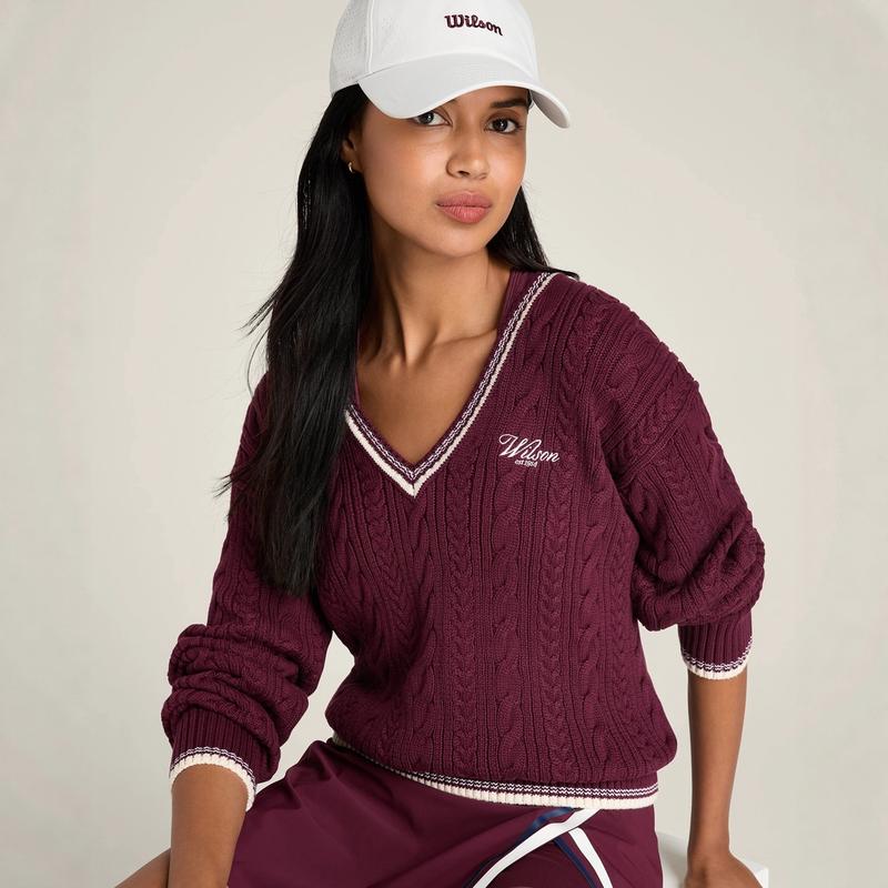 Wilson Hillcrest 威尔胜女士网球服复古红色运动毛衣V领针织衫
