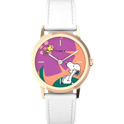 代购Timex天美时女士腕表防水夜光走时指针皮带白色玫瑰金34mm休