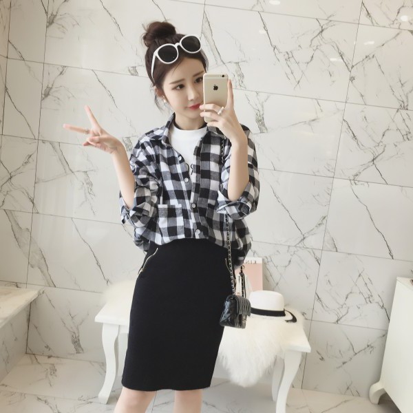 日本购春装新款韩版女装文艺复古宽松衬衫女百搭黑白格子外套学生|msdalam kategori Butik wanita / wanita, shirt - dari Buy2taobao.com untuk memberikan perkhidmatan ejen Taobao profesional membeli