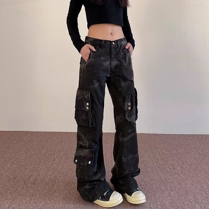 水洗工装牛仔裤女款直筒宽松美式牛仔裤