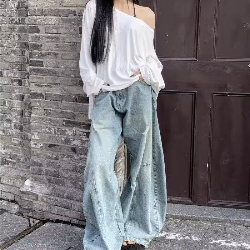 美式水洗做旧浅色微喇牛仔裤女秋牛仔裤